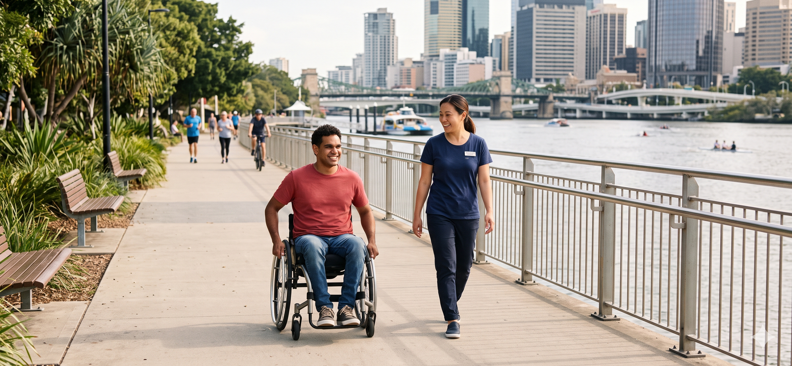 Support worker and participant on a riverside path in the city