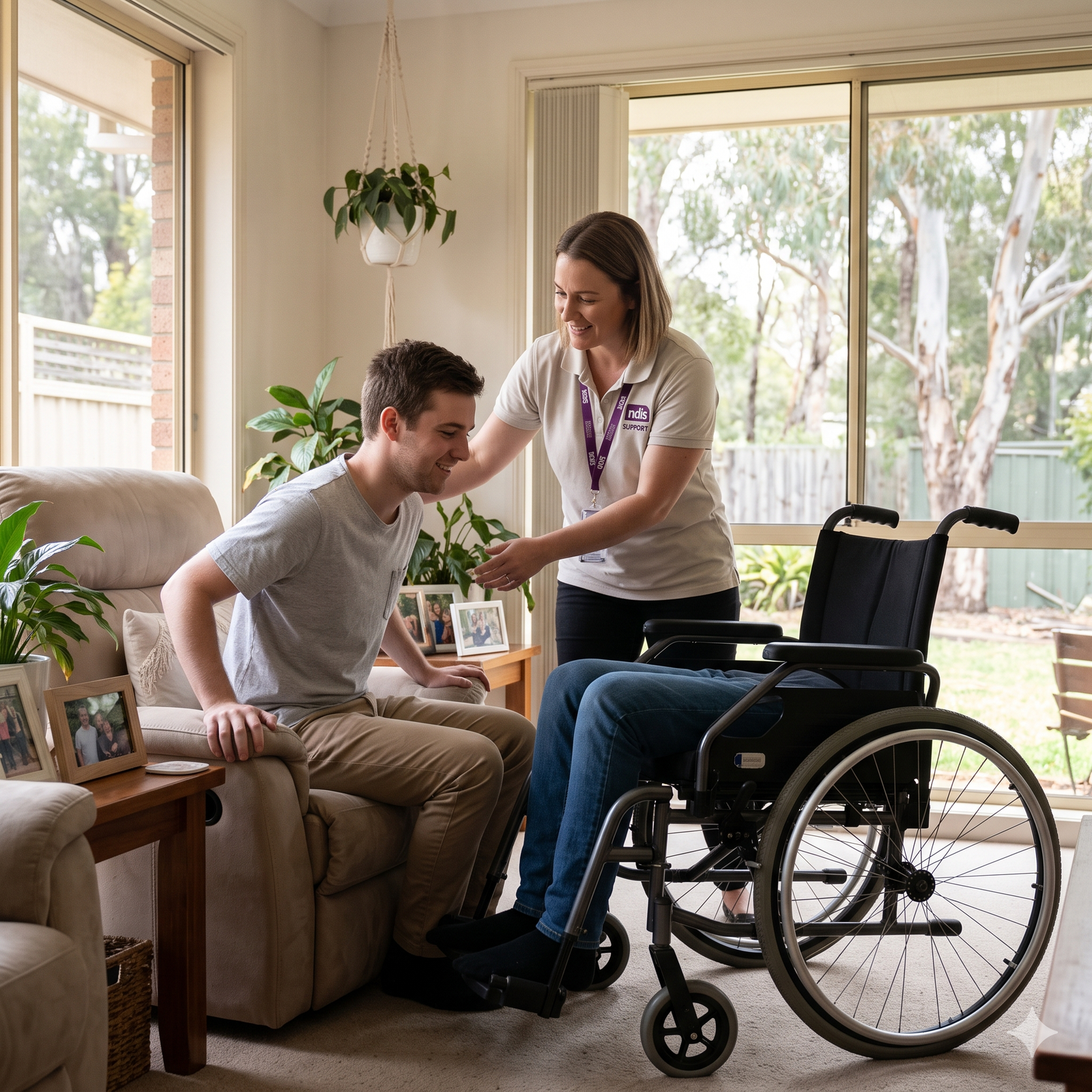 NDIS Provider Morayfield 1 Support worker and participant in a wheelchair smiling together outdoors