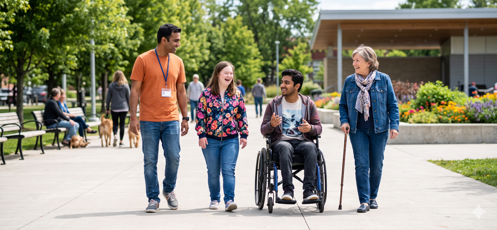 Support worker and participants on a community outing