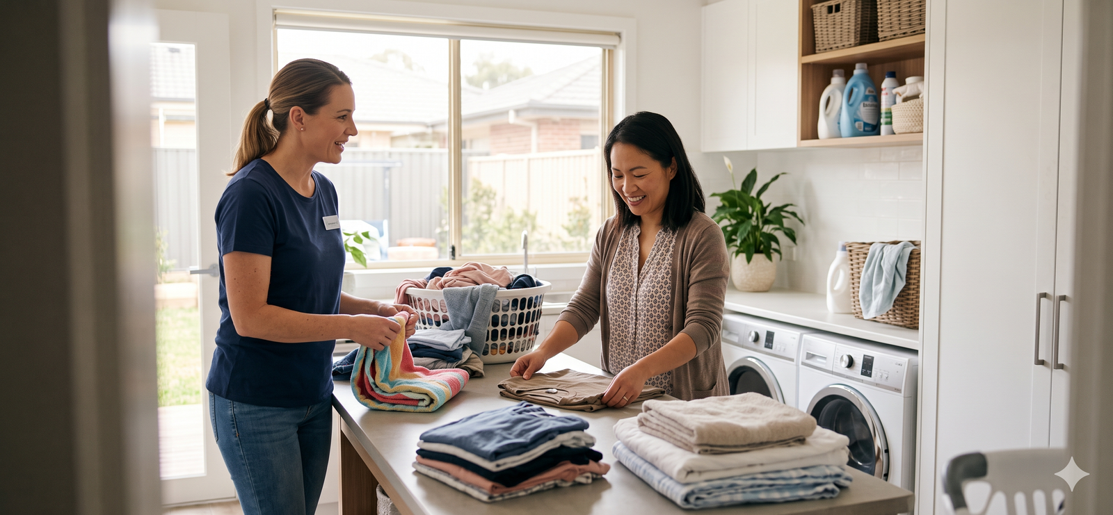 Support worker and participant folding laundry at home