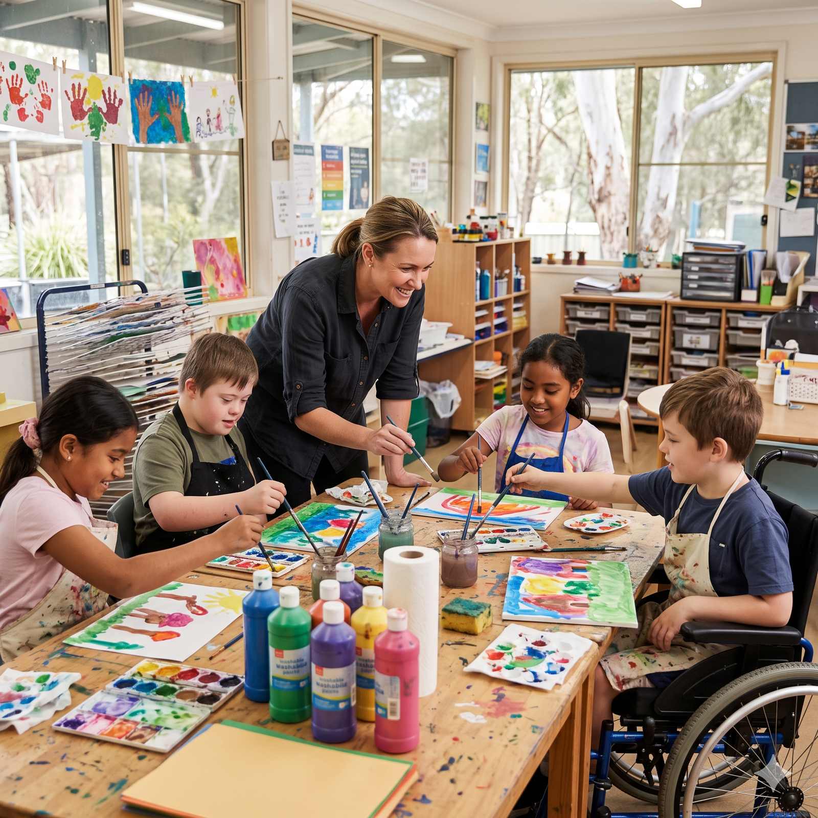 Group & Centre-Based Activities 1 Support worker and child painting together at a group art activity