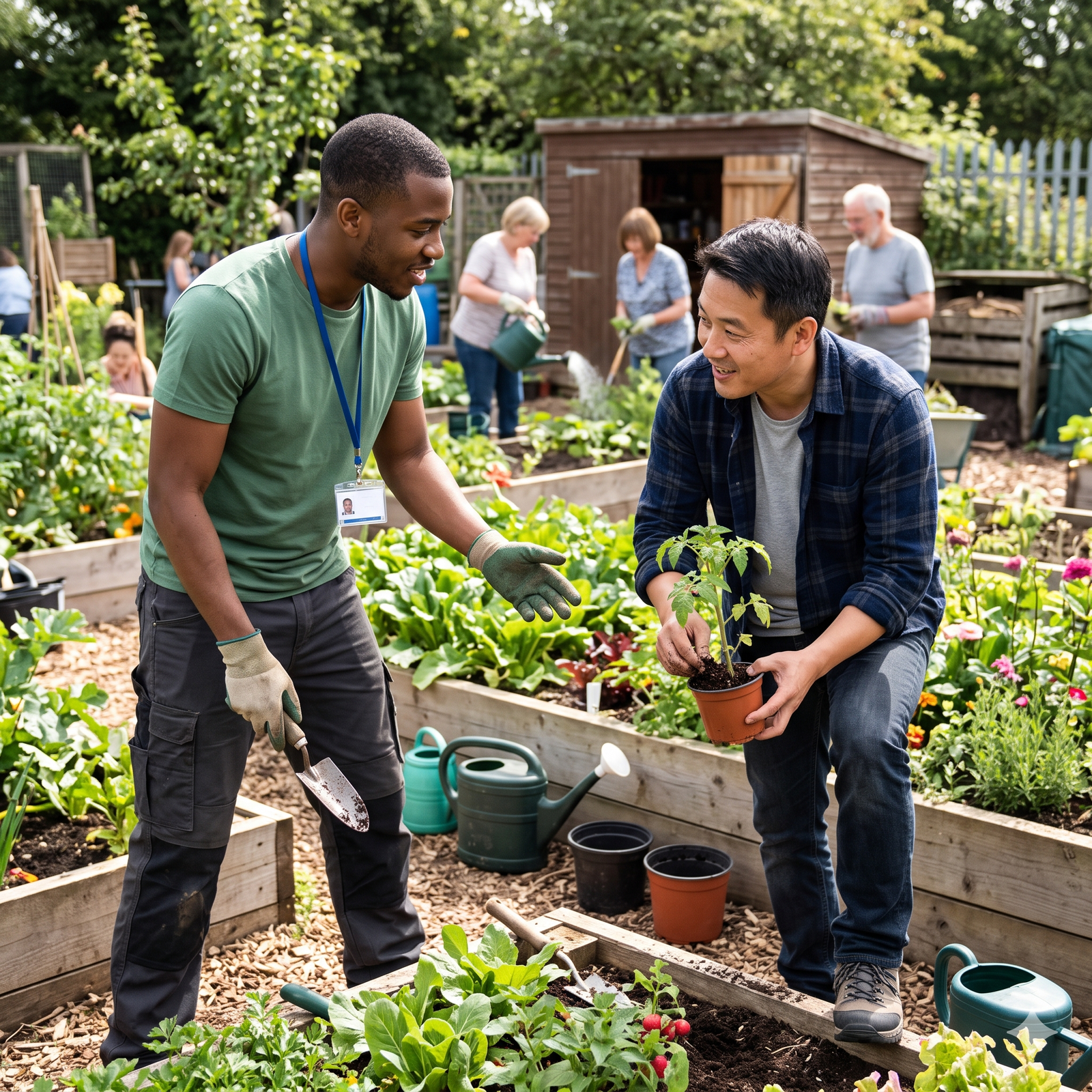 Innovative Community Participation 3 Support worker and participant volunteering at a community garden