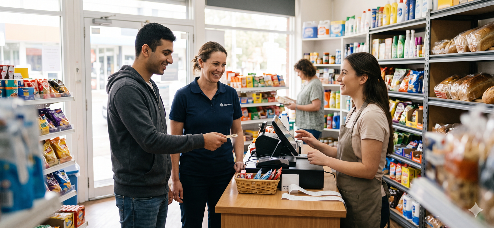 Participant practising a shopping skill with a support worker